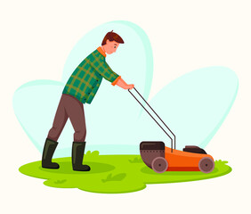 Vector male gardener worker with electric lawn mower.