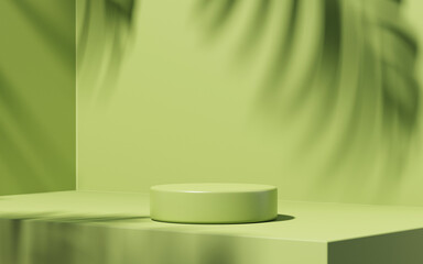Obraz na płótnie Canvas Minimal abstract podium green background for product presentation. Tropical leaf shadow on plaster wall. 3d render. Spring and summer.