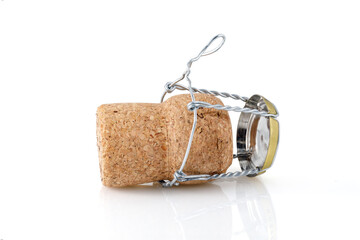 Cork from a bottle of champagne or sparkling wine, close-up photo of a cork isolated on a white...
