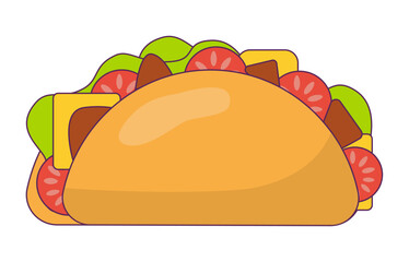 Delicious mexican taco food icon with chicken, vegetables roll, fast food meal. Doner gebab, shawarma flat cartoon. Arabic, eastern food Buritto. Vector illustration