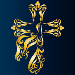 dove flying on the cross crucifix christening sunday graceful feather ornament logo christian symbol of hope and peace and salvation yellow color