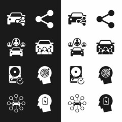 Set Car sharing, , , Share, Hard disk drive with clockwise and Head hunting concept icon. Vector