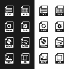 Set DLL file document, RAW, TXT, XLS, WMA and M3U icon. Vector