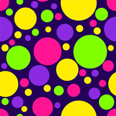 Seamless repeat pattern, neon colorful polka dots. Pink, green, purple and yellow round shapes, circles. Playful design with feeling of the 90s. Isolated on dark blue background. Vector illustration.
