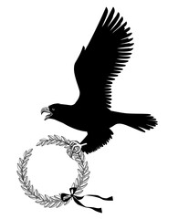 Black silhouette of flying eagle with round laurel wreath in its claws - obrazy, fototapety, plakaty