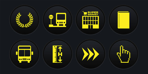 Set Bus, Book, Measuring height and length, Arrow, Supermarket building, stop, Pixel hand cursor and Laurel wreath icon. Vector