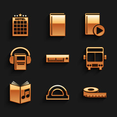 Set Ruler, Protractor grid, Tape measure, Bus, Audio book, and Hotel building icon. Vector