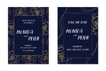 Set of postcards with gold outline roses on a dark blue background. Wedding invitation concept. Vector 
elegant decorative backgrounds.