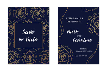 Wedding invitation cards with gold outline roses on a dark blue background. Vector illustration.