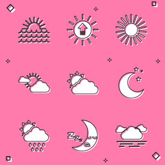 Set Sunset, and cloud weather, Moon stars, Cloud with rain sun and icon icon. Vector