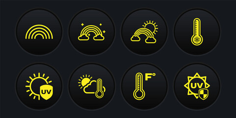 Set UV protection, Meteorology thermometer, Thermometer and cloud, sun, Rainbow with clouds, and icon. Vector
