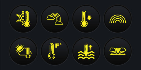 Set Thermometer and cloud, sun, Rainbow, Meteorology thermometer, Water, with clouds, and snowflake icon. Vector