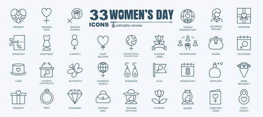 Simple Set of Women day, Eight March and Female holiday Related Vector Line Icons. Contains thin Icons as Female Sign Emoji, Gender Woman Icon, Flower and more.