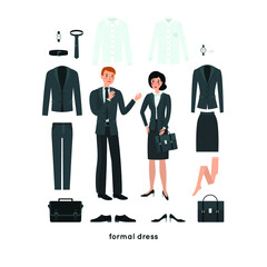 Man and woman in business suits. Business conversation. Vector set of clothes: shirt, jacket, tie, skirt, pants, shoes, bag, wrist watch. Formal style.