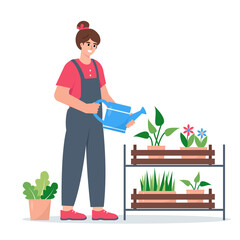Obraz na płótnie Canvas Young woman with watering can and plants. Hobby gardening and growing. Female farmer cultivate plant for harvest. Girl watering flowers in garden. Flat or cartoon vector illustration.