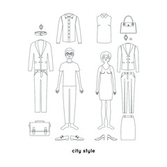 Vector line set of clothes for elderly man and woman: shirt, jacket, skirt, pants, shoes, bag, wrist watch. City style. Professional wardrobe for management.