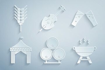 Set Wooden barrels, Glass of beer, Camping tent, Barbecue grill, Violin and Wheat icon. Vector