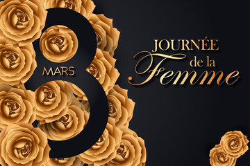 carte ou bandeau pour la journée de la femme le 8 Mars en or sur un fond noir avec des roses de couleur or