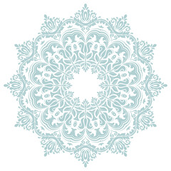 Oriental light blue round pattern with arabesques and floral elements. Traditional classic ornament. Vintage pattern with arabesques