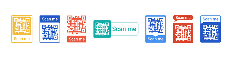 QR code frame for smartphone contactless payment flat vector illustration. Scan me template set for mobile application for internet business. Scanning barcode for online shopping cashless technology.