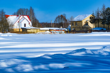Chehov, Russia - February, 17, 2021: landscape with the image of houses in Chehov, Russia