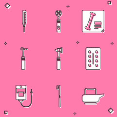 Set Medical thermometer, Electric toothbrush, X-ray shots, Tooth drill, otoscope tool, Pills in blister pack, IV bag and Toothbrush icon. Vector