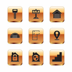 Set House key, under protection, plan, Garage, Staircase and Hanging sign with Sale icon. Vector