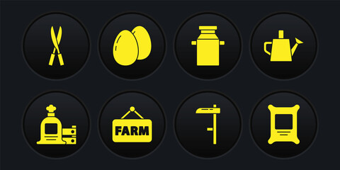 Set Full sack and wooden box, Watering can, Signboard with text Farm, Scythe, Can container for milk, Chicken egg, Fertilizer bag and Gardening handmade scissors icon. Vector