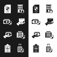 Set Delivery insurance, Money with shield, Contract, Fire burning house, Stacks paper money cash, House, Travel suitcase and Health icon. Vector