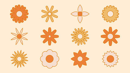 Collection of simple blooming flowers in 1970s psychedelic hippie style. Set of graphic stickers in retro design. groovy background. editable stroke isolated vector illustration