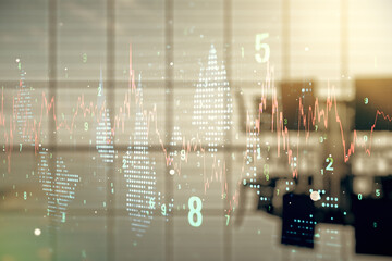 Double exposure of virtual creative financial diagram on a modern boardroom background, banking and accounting concept