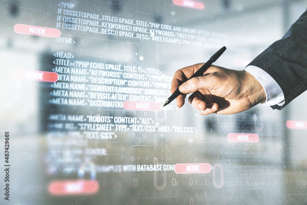 Poster man hand with pen working with abstract virtual coding illustration on blurred office background, so