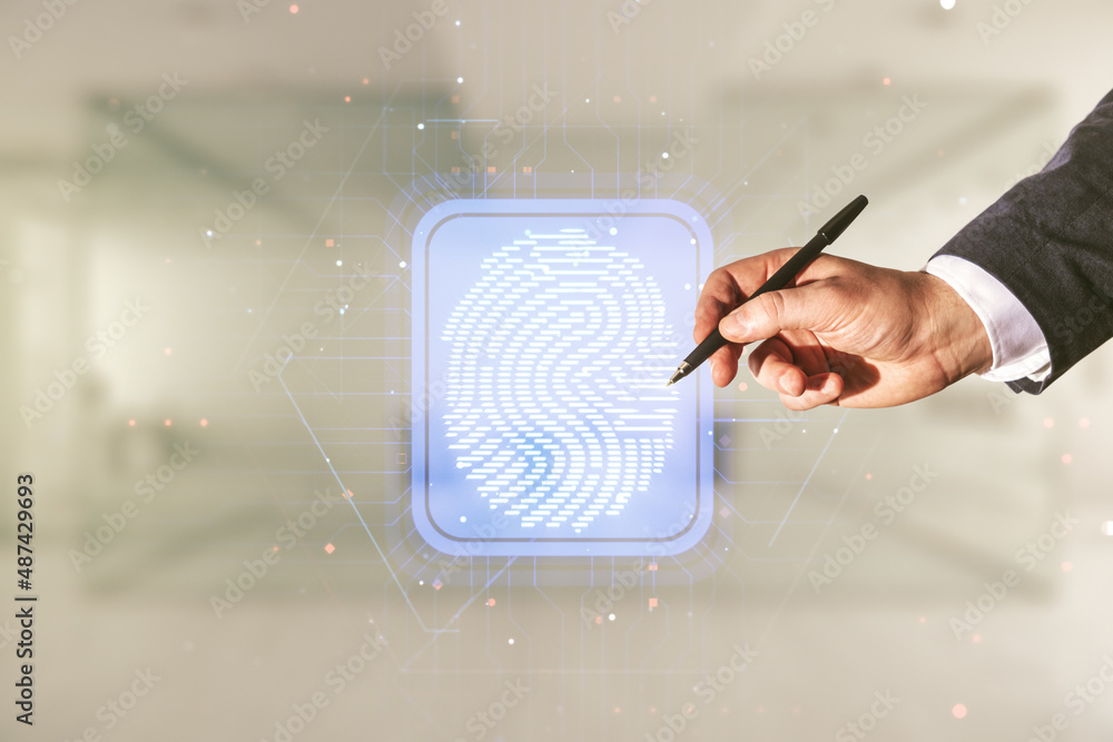 Aufkleber multi exposure of programmer's hand with pen working with virtual abstract fingerprint illustration 