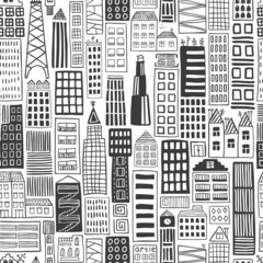 Seamless pattern with city architecture. Strange urban buildings. Black and white graphic texture. Perfect for wallpaper.