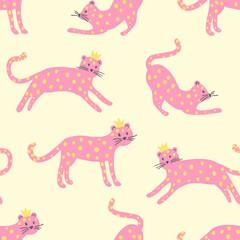 Pink leopards with yellow dots and small crown. Seamless pattern in cartoon style. Cute cats for kids textile and design. 