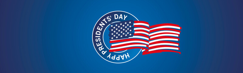 Happy Presidents Day modern art drawing of USA wavy flag in circle icon logo label patriotic template blue background banner