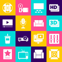 Set Movie spotlight, Sound mixer controller, 3D word, Cinema auditorium with seats, Microphone, Online play video, Film reel and chair icon. Vector