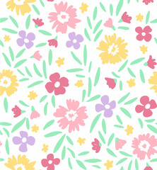 Cute floral ditsy vector seamless pattern. Fabric design with simple flowers and leaves in gentelcolors. Trendy repeated pattern for children fabric, wallpaper