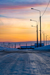 Winter russian landscape at sunset