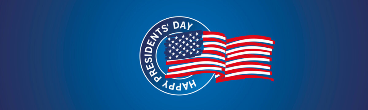 Happy Presidents Day modern art drawing of USA wavy flag in circle icon logo label patriotic template blue background banner