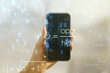 Creative scientific formula illustration and hand with mobile phone on background, science and...