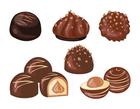 Set. Chocolate candies of various flavors. Vector illustration isolated on white background. For postcards, invitations, shop, cafe, banner, advertising.
