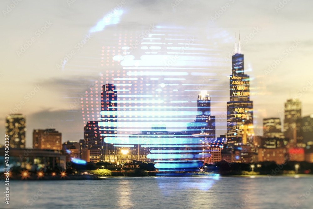 Aufkleber abstract virtual coding concept and world map hologram on chicago skyline background. multiexposure