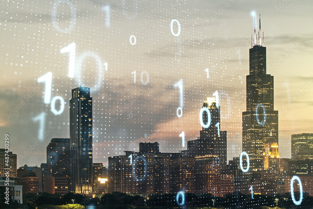 Poster abstract virtual binary code sketch on chicago office buildings background, hacking and matrix conce