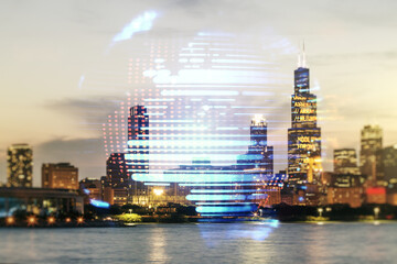 Abstract virtual coding concept and world map hologram on Chicago skyline background. Multiexposure
