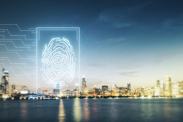 Multi exposure of virtual abstract fingerprint illustration on Chicago city skyline background, digital access concept