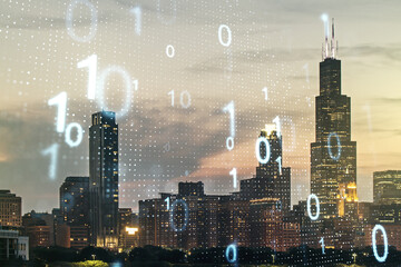 Abstract virtual binary code sketch on Chicago office buildings background, hacking and matrix concept. Multiexposure