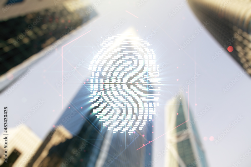 Poster multi exposure of virtual fingerprint scan interface on blurry cityscape background, digital access 