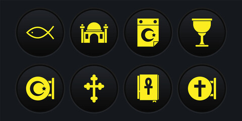 Set Star and crescent, Holy grail or chalice, Christian cross, Cross ankh book, Muslim Mosque, and fish icon. Vector