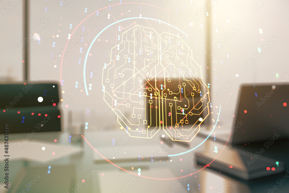 Poster double exposure of creative artificial intelligence symbol and modern desktop with laptop on backgro